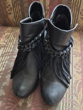 Sbicca Black Vegan Leather Platform Wedge Fringe Ankle Boots with Braided Accent